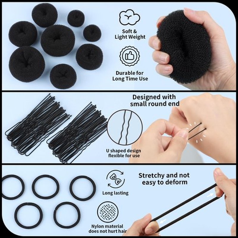 FANDAMEI Hair Bun Maker Set- 8 PCS Hair Donuts for Buns (2 Extra-large,2 Large,2 Medium and 2 Small), 40 PCS Bobby Pins, 5 PCS Hair Elastic Ties Black,Bun Maker - Black