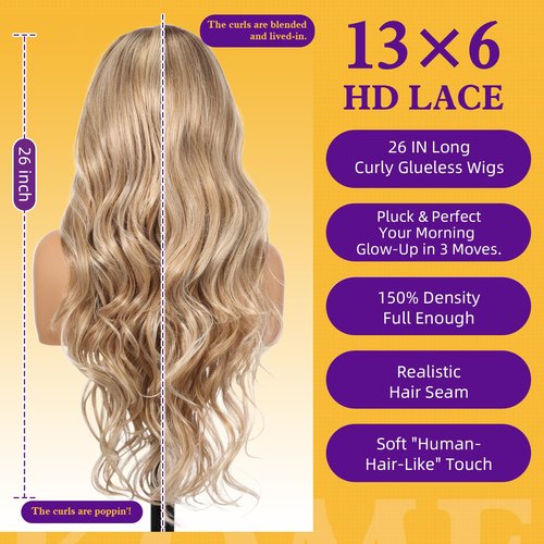 KOME Dirty Blonde Synthetic Lace Front Wig,13×6 Pre Plucked Curly Glueless Wigs for Women Daily Party Use 26IN(#TT6/1603)