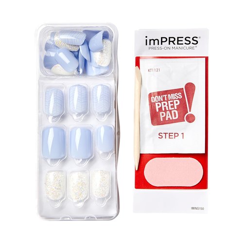 KISS imPRESS No Glue Manicure Press-On Nails, Light Blue, Lavender, White Glitter, Short Size, Squoval Shape, Includes 30 Nails, Prep Pad, 1 Manicure Stick, 1 Mini File