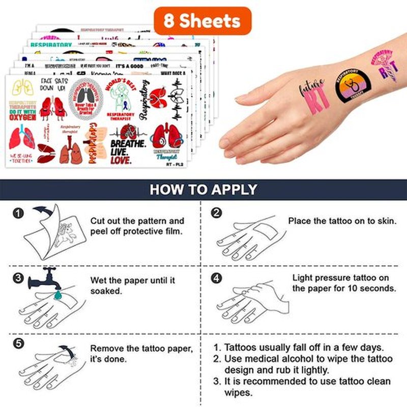 (96PCS) Best Respiratory Therapist Care Week Temporary Tattoos Birthday Themed Party Supplies Decorations Favors Cute Funny Lung Nerd Stickers Tattoo Gifts for Kids Girls Boys Women Decor Class Reward