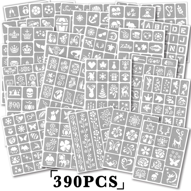 Yazhiji 390 PCS Temporary Tattoo Stencils, Face and Body Paint Stencils Kit, Girl Boy Glitter Tattoos Stencils Pack for Kids School Show Birthdays Halloween Christmas Party Favor Supplies