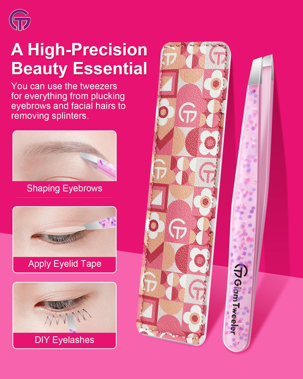 Expert Eyebrow Hair Removal Tweezer with Leather Case, GlamTweeler High Precision Slant Tip Stainless Steel Tweezers for Men and Women (Cherry Blossom Pink)