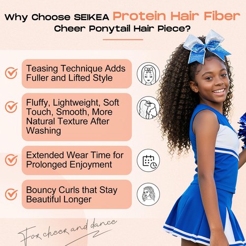 SEIKEA Cheer Ponytail Hair Piece, 100% Super Protein Fiber Curly Cheerleader Hairpiece Lightweight Fluffy Natural Soft 18" Ponytail Extension for Cheerleader Competition, Dance Black