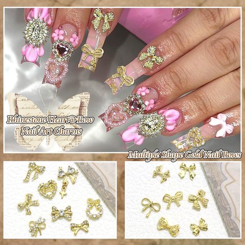RODAKY 58PCS Bow Nail Charms Gold Charm for Nails Crystal Heart Bowknot Nail Art Gems Rhinestone Luxury Cute Nails Decoration for Manicure Design DIY