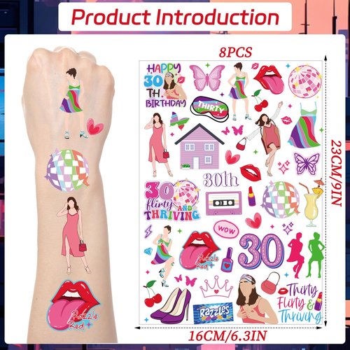 Thirty Flirty and Thriving Temporary Tattoos - Aposwow 200+ 30 Flirty and Thriving Birthday Decorations Favors Supplies 30th Birthday Themed Tattoo Stickers Gifts for Women Prizes Rewards