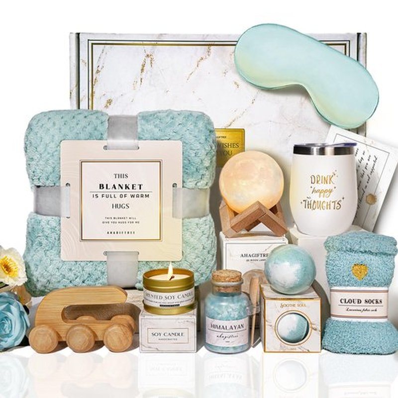 AHAGIFTREE Birthday Gifts for Women Self Care Gifts Get Well Soon Gifts Baskets with Moon lamp for Women After Surgery,11PC Spa,Thinking of You Gift, Care Package for Mom Friend (Turquoise)