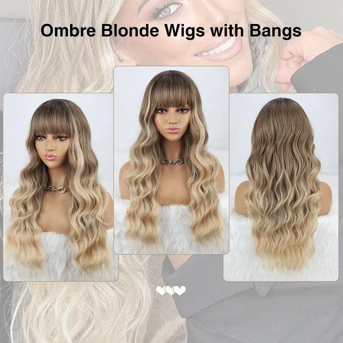 BOGSEA Ombre Blonde Wig with Bangs Long Blonde Wig for Women 26 Inch Synthetic Heat Resistant Fiber Wigs for Daily Party