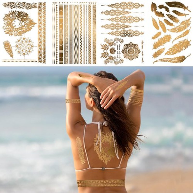 DPKOW 9 Sheets Gold Temporary Tattoos Metallic Moon Star Butterfly Glitter Tattoos Flash Fake Waterproof Tattoo Stickers for Women Girls Body Art