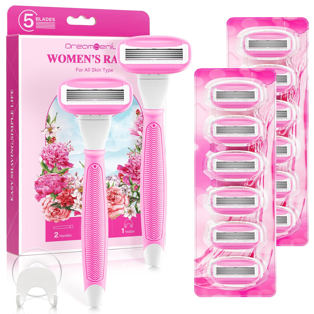 Razors for Women Include 2 Non-Slip Handles and 14 Blade Refills with a Shower Holder, 5 Premium Blades Women's Razors for Shaving with 360° Lubrication Reduces Irritation, Pink