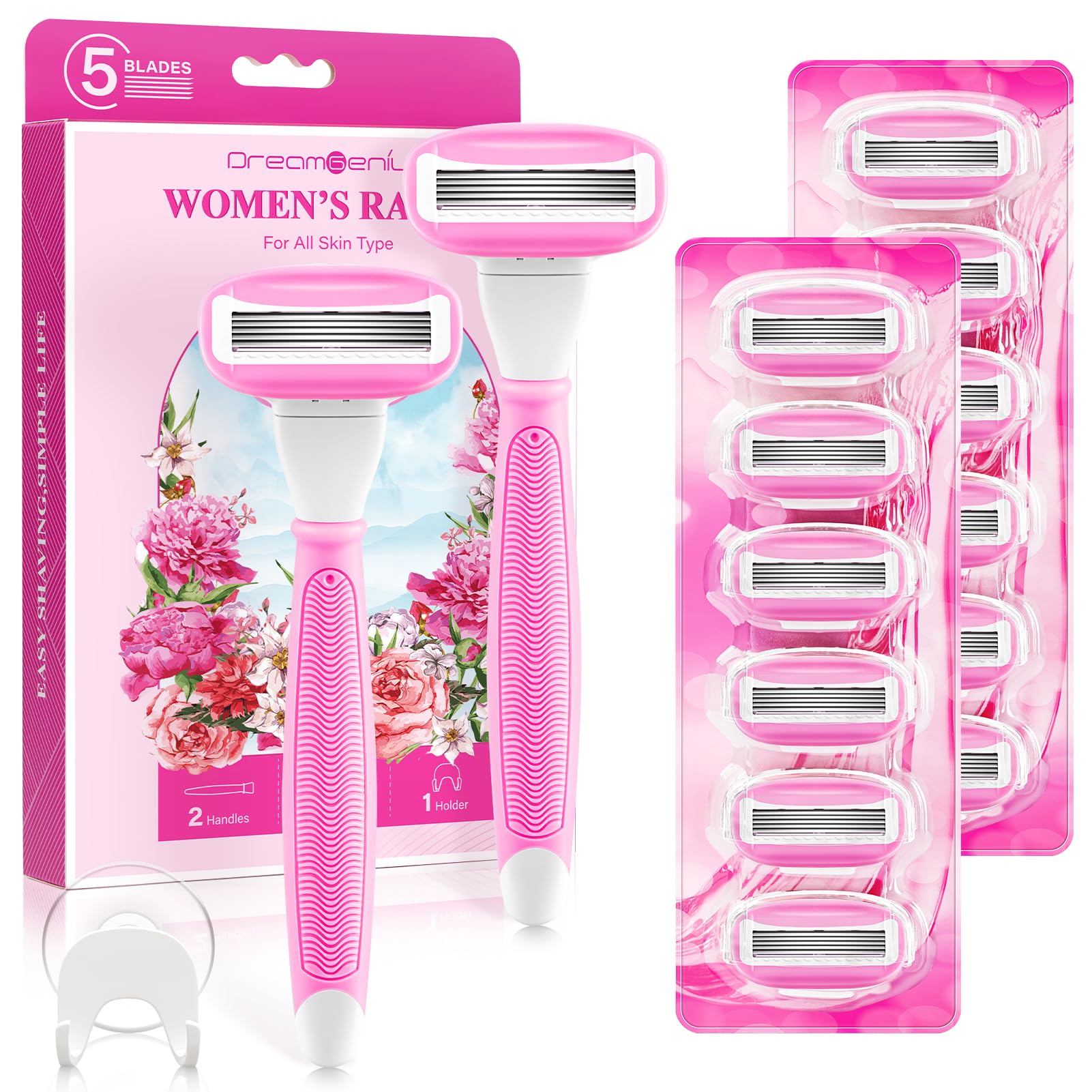 Razors for Women Include 2 Non-Slip Handles and 14 Blade Refills with a Shower Holder, 5 Premium Blades Women's Razors for Shaving with 360° Lubrication Reduces Irritation, Pink