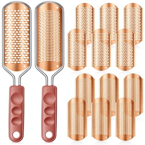 Moxweyeni 14 Pack Colossal Foot File Pedicure Tool Set with 2 Style Large and Small Hole Replacement Callus Remover Blades Rose Gold Stainless Steel Detachable Pedicure Foot Rasp for Dead Skin Remover