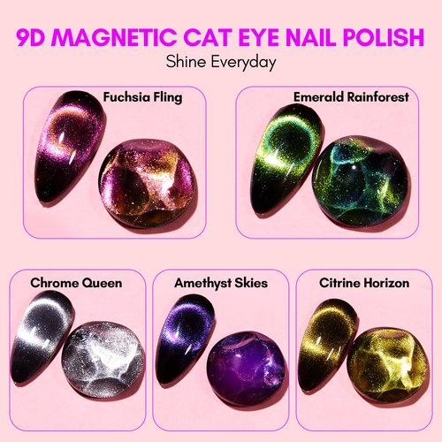 Makartt 9D Magnetic Cat Eye Gel Nail Polish Set, 6 Colors (Yellow, Purple, Silver, Rose Red, Green, Black Hole Effect) with Magnet Stick, 8ml – Soak Off DIY Manicure & Nail Art Supplies