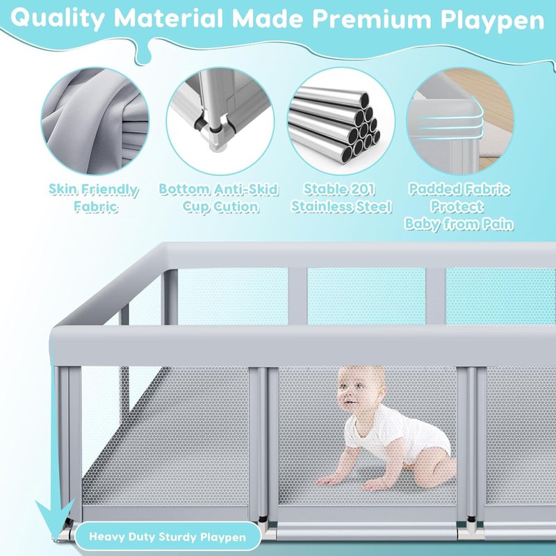 Fshibila Large Baby Playpen - Sturdy Safety Playard with Soft Mesh | 74" x 50", Grey for Indoor & Outdoor Use