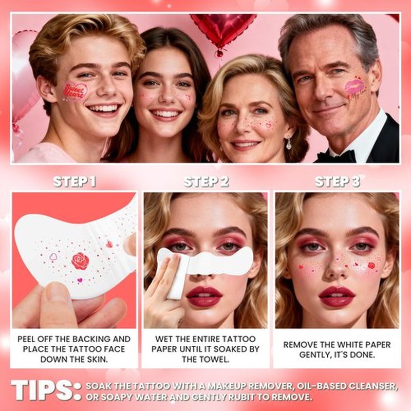 Cerlaza Valentines Day Accessories, 40 Pcs Valentines Temporary Tattoos Heart Glitter Freckles Face Stickers Makeup for Woman, Valentine's Day Trinkets Decorations Party Favors Goodie Bag Stuffers