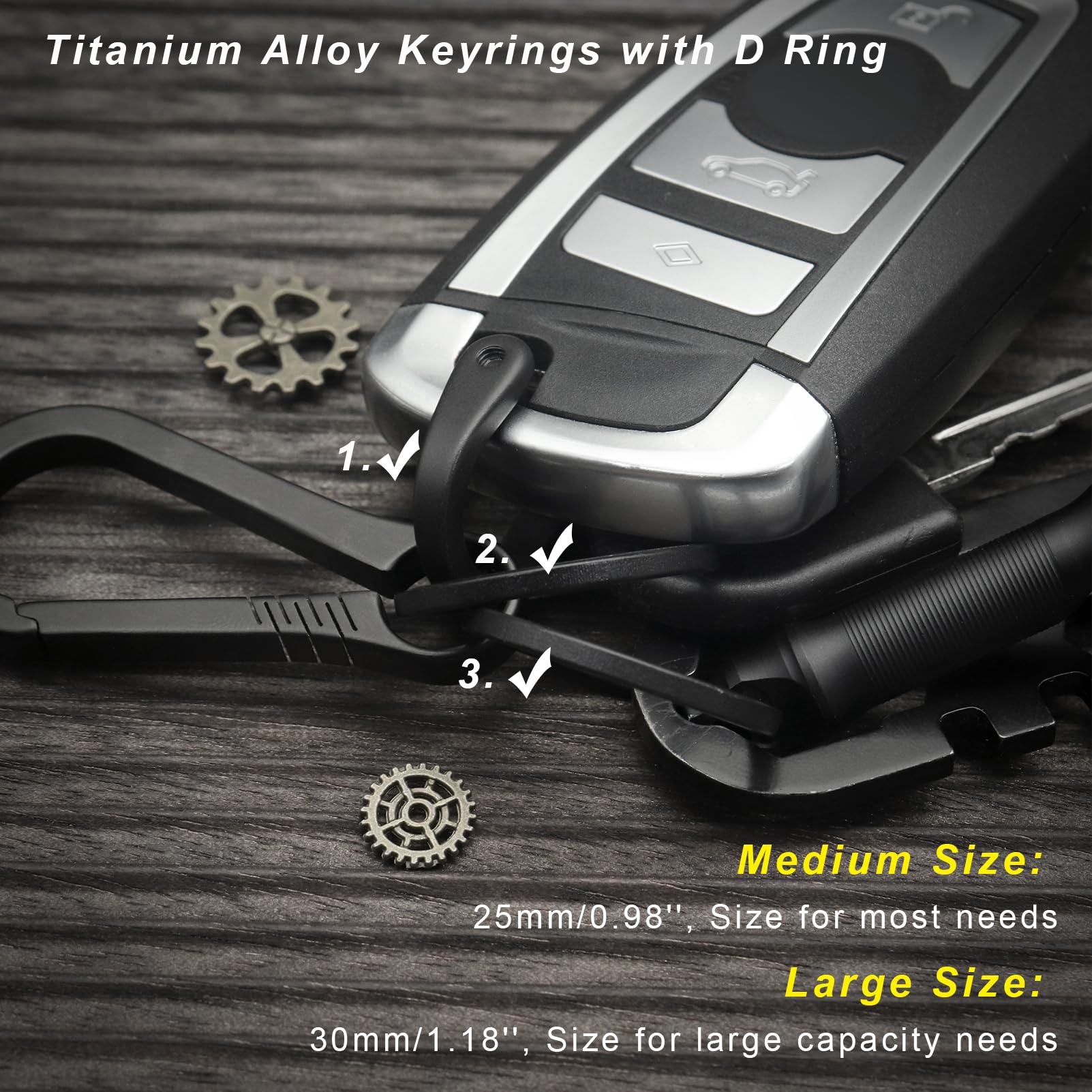 PJYTAC Titanium Keychain Rings Heavy Duty Side Push Key Rings for Car Keys Easy Quick Release EDC Split Keyrings (1, Black, Medium)