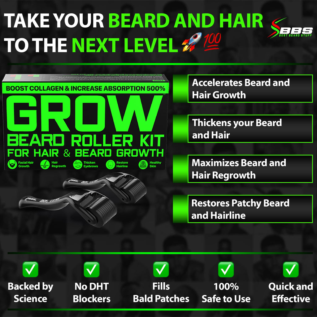 GROW Beard Roller Beard Growth Kit - Best Beard Kit Set of 2 Hair Follicle Stimulator Rollers - The Ultimate Beard Roller for Hair Growth Men of All Skin Types Can Use as a Follicle Booster by BBS USA