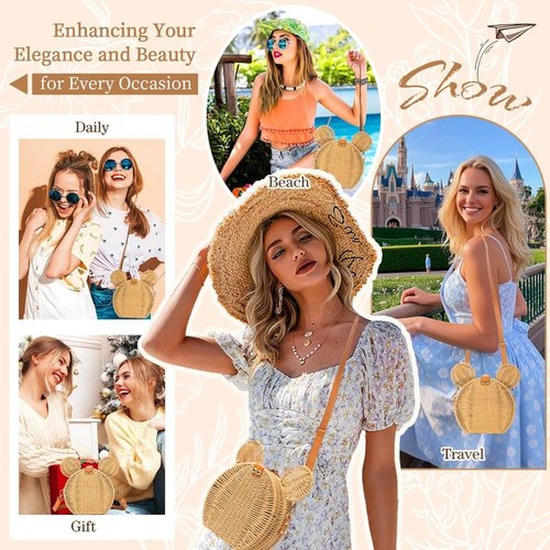 Skiennix Round Rattan Straw Bag - Handmade Wicker Purse with Cute Mouse Ears | Stylish Crossbody Handbag