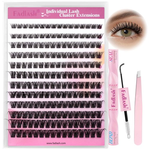 FADLASH Lash Extension Kit Fluffy Lash Clusters 0.07 D Curl Mixed Tray Wispy Eyelash Clusters with Lash Bond and Seal Lash Tweezer Diy Lash Clusters Kit for Beginners at Home(C3-0.07D, 8-16mm Kit)