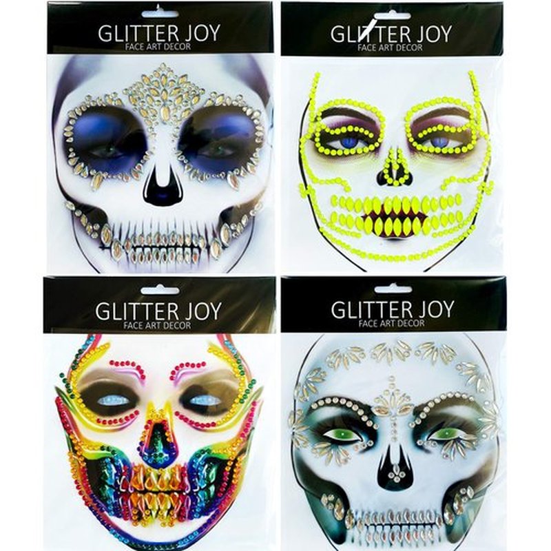 Cosplay Face Tattoos, Day of the Death Skull Temporary Face Gems Jewels Tattoos, Rhinestone Ghost Bride Jade Face Jewels Tattoo Stickers