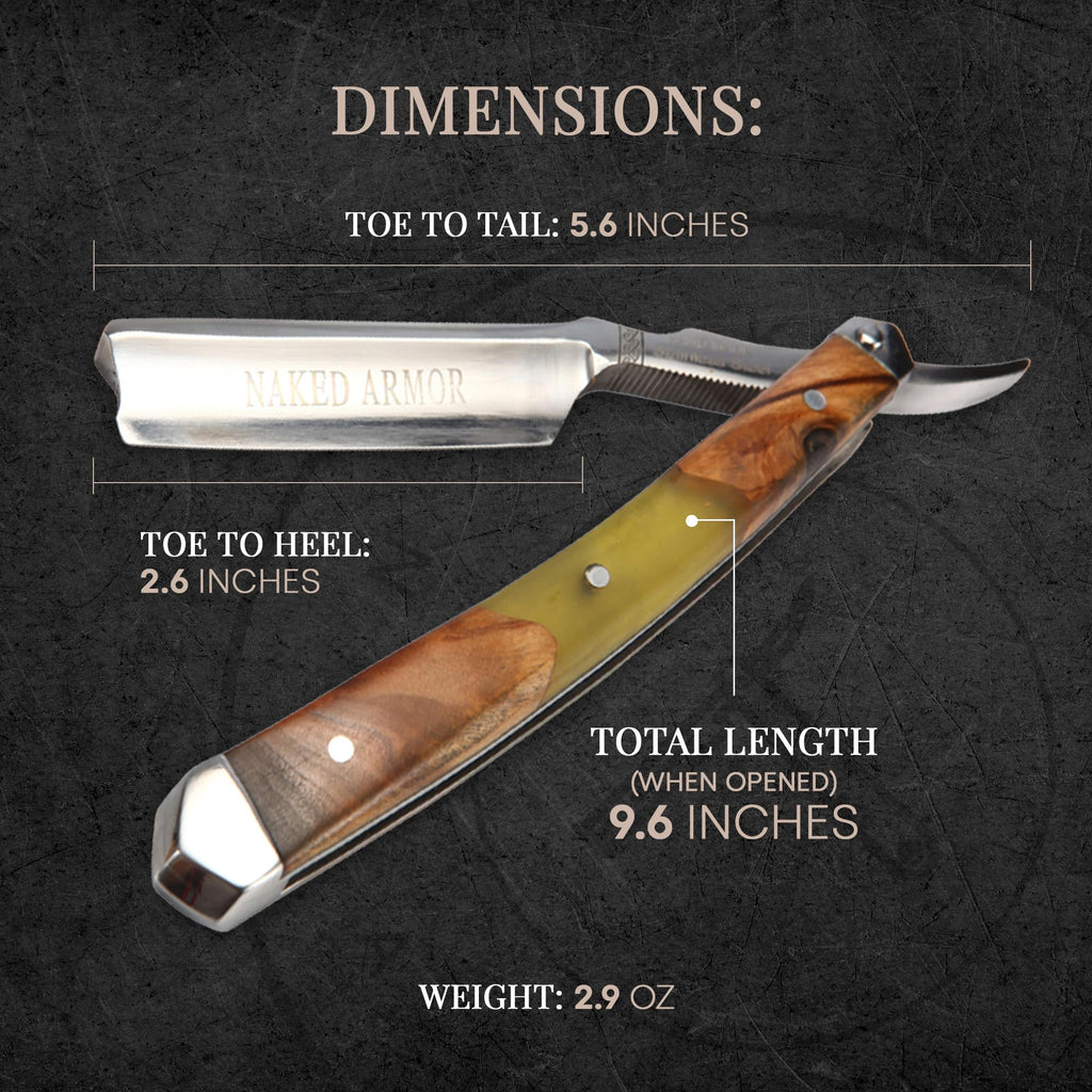 Naked Armor Professional Straight Razor for Men - Shave Ready 7/8" Japanese Stainless Steel Barber Razor - Griflet Straight Edge Razor with Sandalwood Handle, Leather Travel Case & Gift Box
