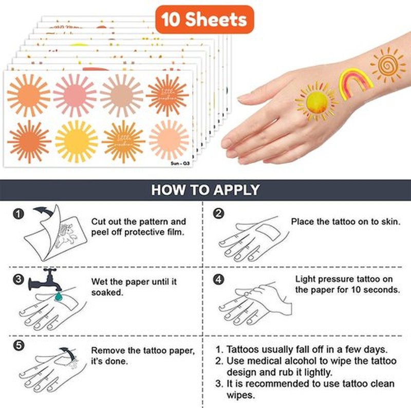 100PCS Boho Sunshine Sun Temporary Tattoos Themed Birthday Party Decorations Favors Supplies Decor Hello Sunshine Sunset Stickers Cute Gifts for Game Kids Boys Girls Class Prizes Carnival