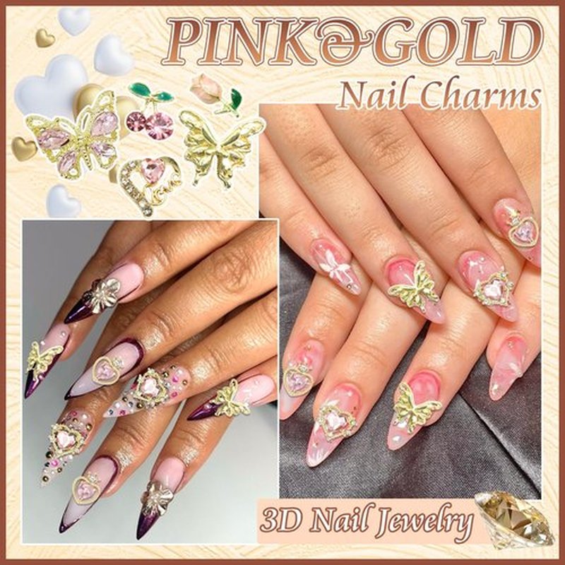 BELICEY 90Pcs Pink Heart Bows Nail Art Charms Gold 3D Assorted Bow Heart Cherry Charms for Nails Butterfly Nail Decoration Y2k Pink Nail Jewelry Gems for DIY Nail Art Design Crafts