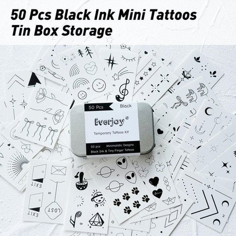Everjoy Minimalist Temporary Tattoos for Women Small Finger Tattoos Fine Line Art Cute Flower Doodles Boho Style Decorations Tiny Fake Tattoos Kit with Tin Box for Women