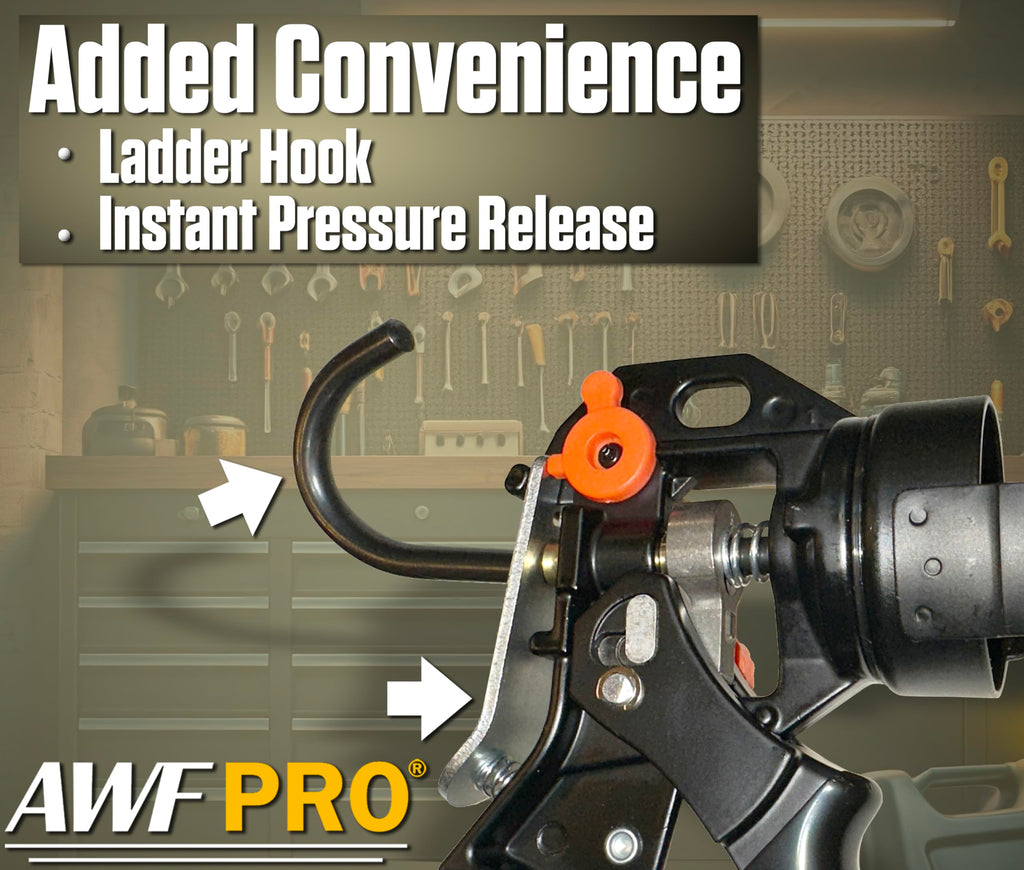 AWF PRO 29 oz Dual Thrust Caulk Gun, 25:1 or 12:1 Thrust Ratio, No Drip, Rotating Barrel, Comfort Grip, with Built-In Puncture Tool