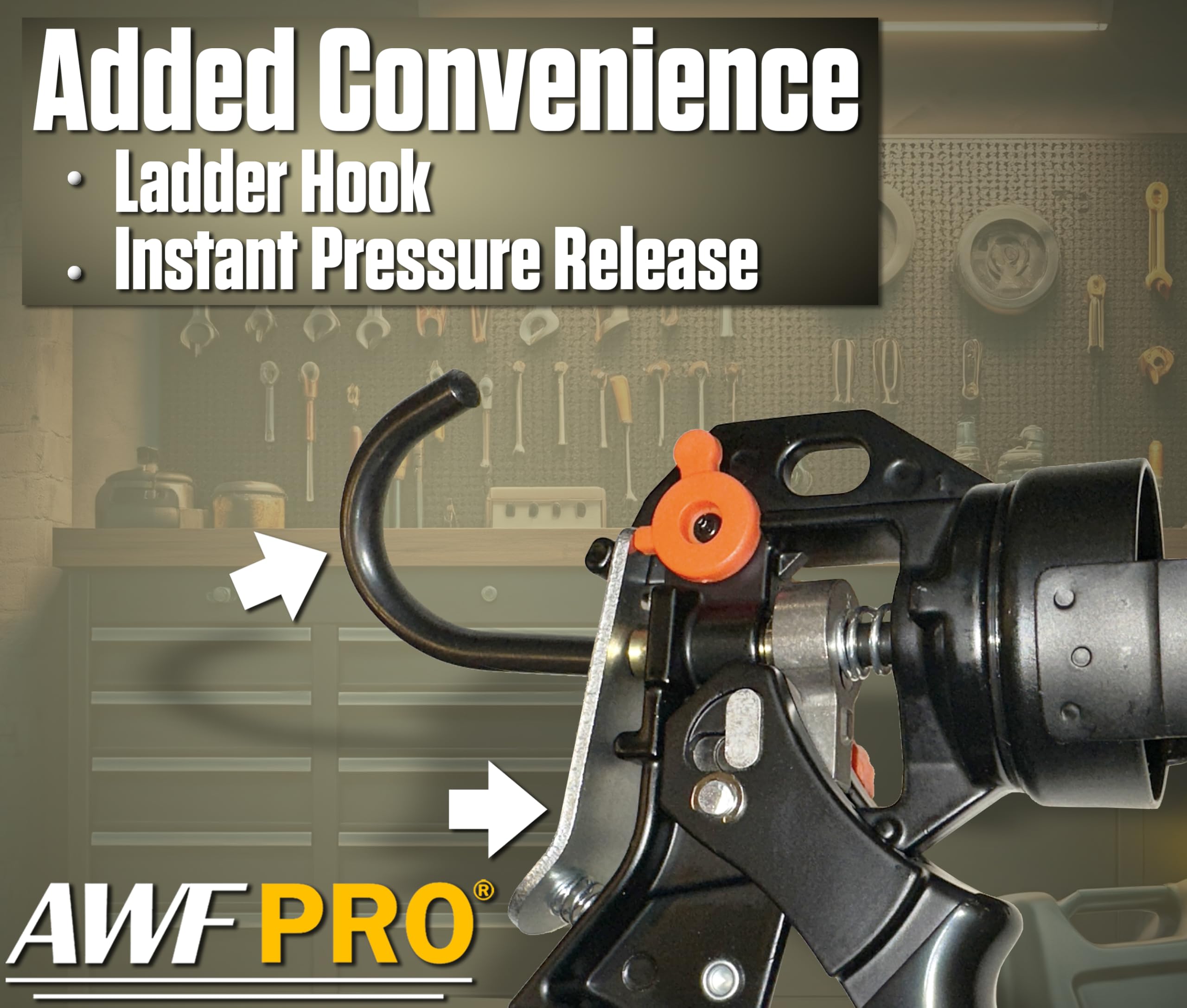 AWF PRO 29 oz Dual Thrust Caulk Gun, 25:1 or 12:1 Thrust Ratio, No Drip, Rotating Barrel, Comfort Grip, with Built-In Puncture Tool
