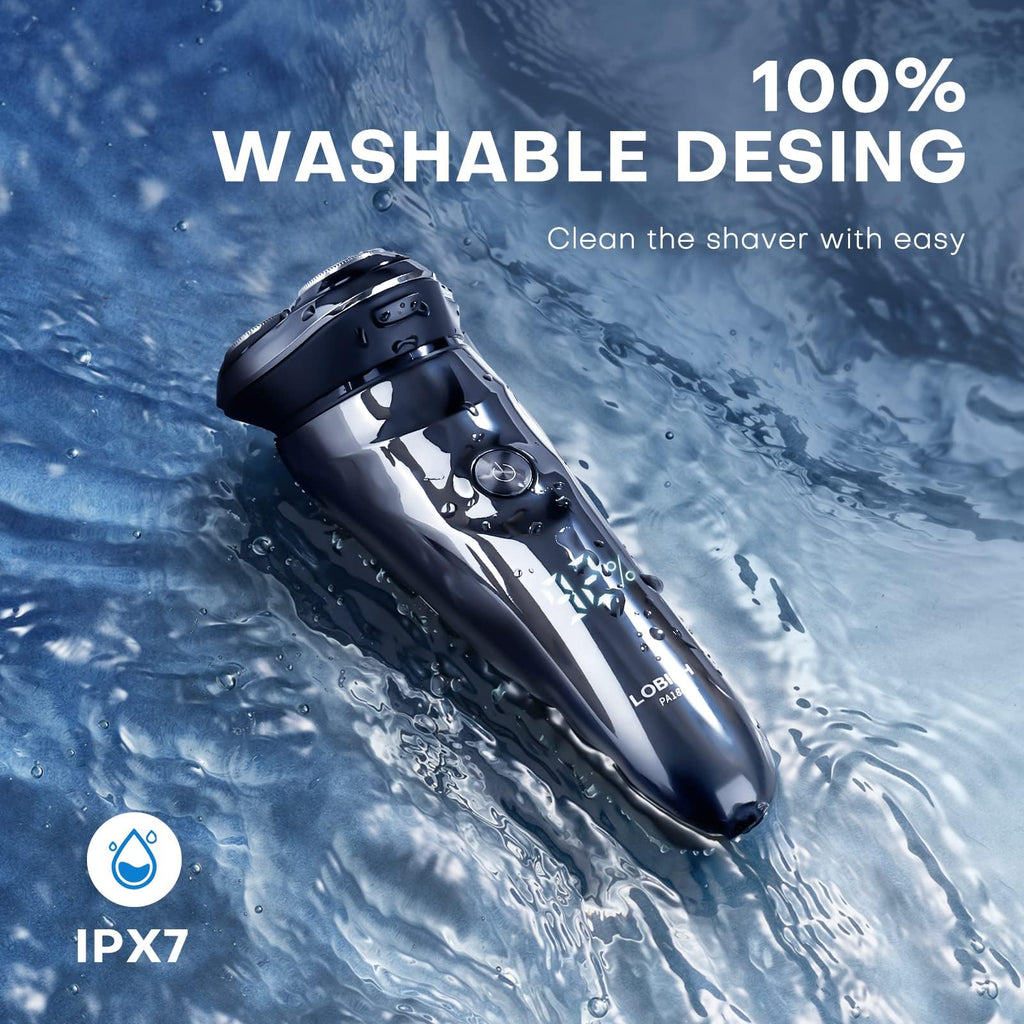 LOBINH Electric Shaver for Men, 100% Washable Rechargeable Electric Razor, Waterproof IPX7 Wet & Dry Shaving with Pop-up Sideburn Trimmer, 1 Hour Fast Charging, 4D Floating Head, LCD Power Indicator