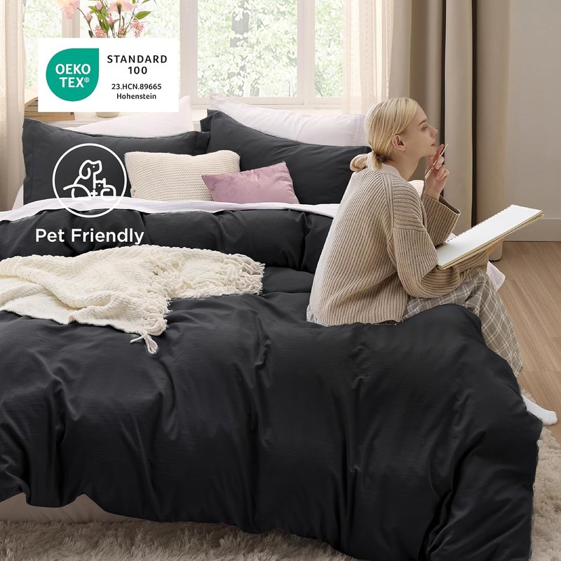 Bedsure Black Duvet Cover Set - Soft Cotton-Like Polyester, Full Size 3-Piece Bedding Set, 80x90 Inches