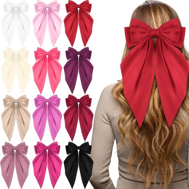 Hoteam 12 Pcs Silky Satin Oversized Hair Bows Bulk Big Hair Bows for Women Valentines Long Tail Large Bowknot Barrettes Galentines Barrettes Clips Ribbon Bow Accessories Gifts(Fresh)