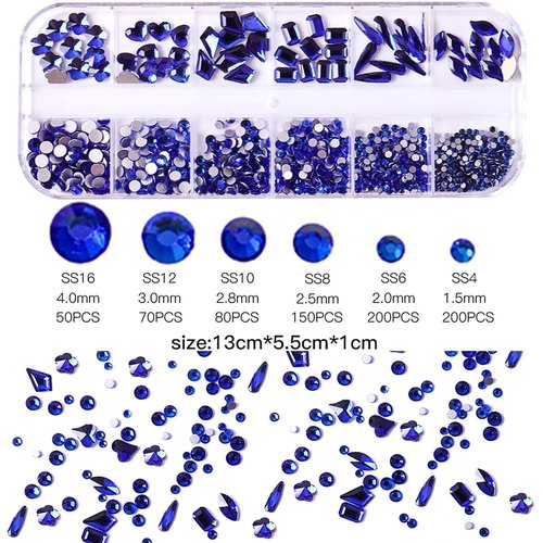 JERCLITY 1620pcs Flat Back Red Nail Rhinestones Blue Nail Rhinestones Round Beads Crystals Glass Gems Stones Multi Shapes Sizes with Picking Pen for Crafts Nail Face Art Clothes Shoes Bags DIY