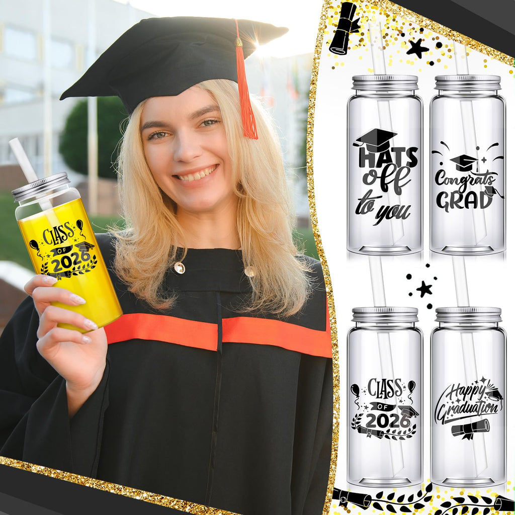 Jingmore 24 Pcs Black Graduation Cups with Straws Bulk 13.5 oz Class of 2026 Plastic Mason Jars Reusable Tumbler Coffee Tea Hot Cocoa Beverage Happy Graduation Tumbler for Congrats Grad Party Gifts