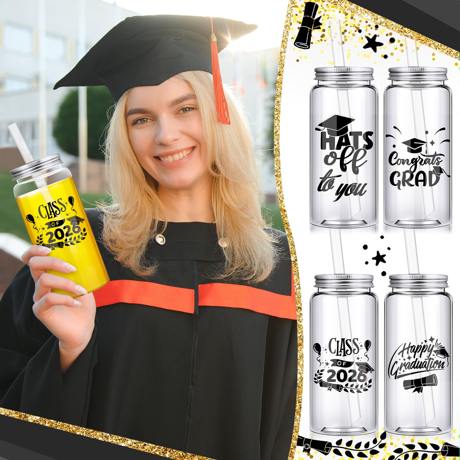 Jingmore 24 Pcs Black Graduation Cups with Straws Bulk 13.5 oz Class of 2026 Plastic Mason Jars Reusable Tumbler Coffee Tea Hot Cocoa Beverage Happy Graduation Tumbler for Congrats Grad Party Gifts