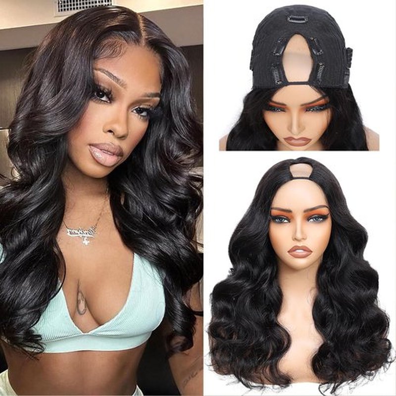 jcoolo V Part Wig Human Hair Body Wave Upgrade U Part Human Hair Wig With Adjustable Drawstring 200% Density V Shape Clip In Half Wig For Women 18 Inch