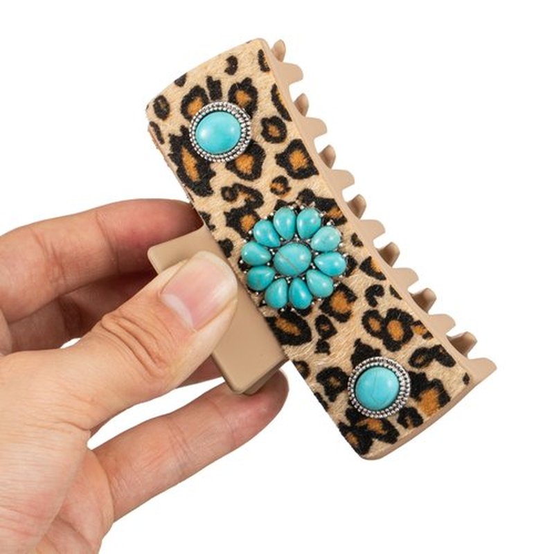 Mixcbe Western Turquoise Hair Clip with Leopard Pattern, Cowgirl Brown Square Hair Clip, 4.1 inch, Large Western Cowgirl Stuff Gift for Women Girls