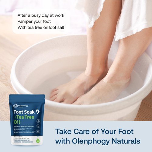 Olenphogy 16oz Tea Tree Oil Foot Soak with Epsom Salt - For Stinky Feet, Softens Calluses, Cracked Heel Care, Toenail Repair - Epsom Salts for Soaking, Pedicure Foot Spa for Women, Men