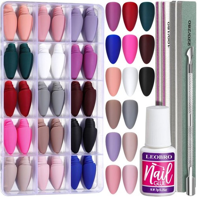 LEOBRO Press on Nails Almond Medium, 15 Pack 360PCS Press on Nails Matte, Almond Shaped Acrylic Fake Nails False Nails Medium Full Cover, 10 Sizes Stick Glue on Nails for Women Girls