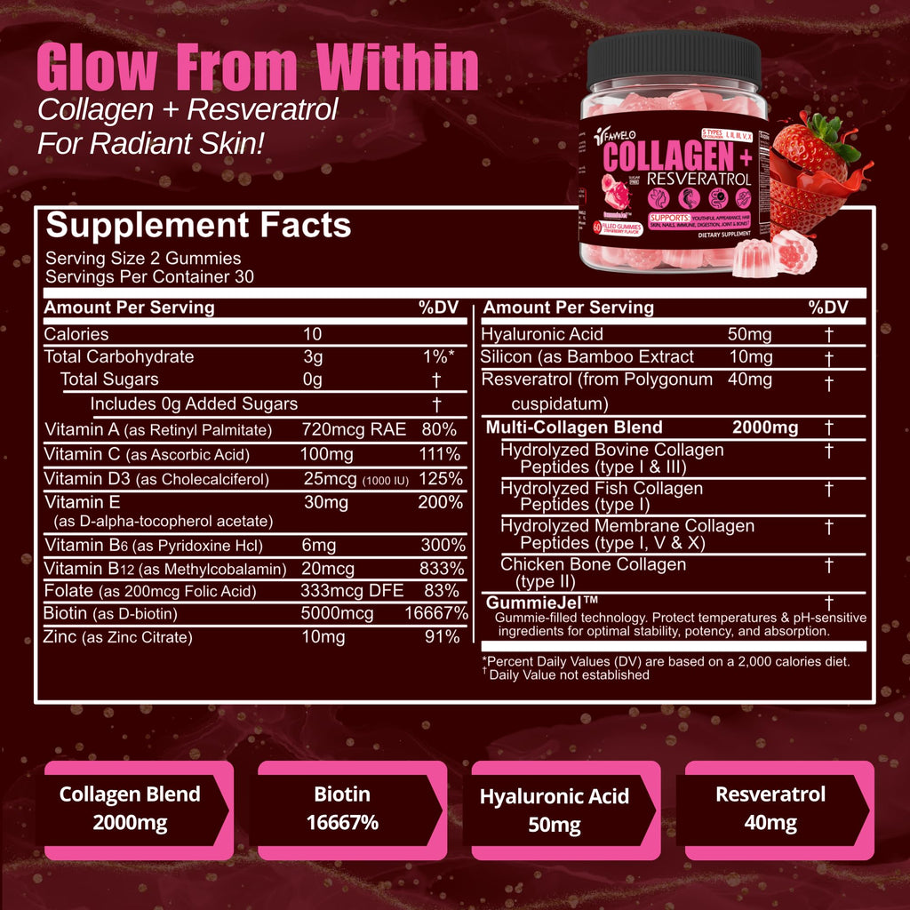 Fawelo Multi Collagen Gummies Hydrolyzed Type I, II, III, V, X Plus Resveratrol Hyaluronic Acid & Biotin Gummies for Hair Skin and Nails Vitamins | Multi Collagen Peptides | Sugar Free