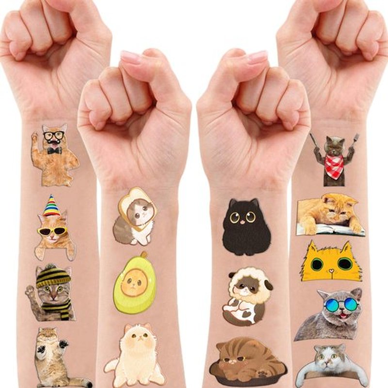 96 PCS Cute Funny Meme Cat Cats Temporary Tattoos Stickers Themed Birthday Party Decorations Supplies Decor Favors Animal Pet Tattoo Sticker Gifts For Kids Boys Girls School Prizes Christmas