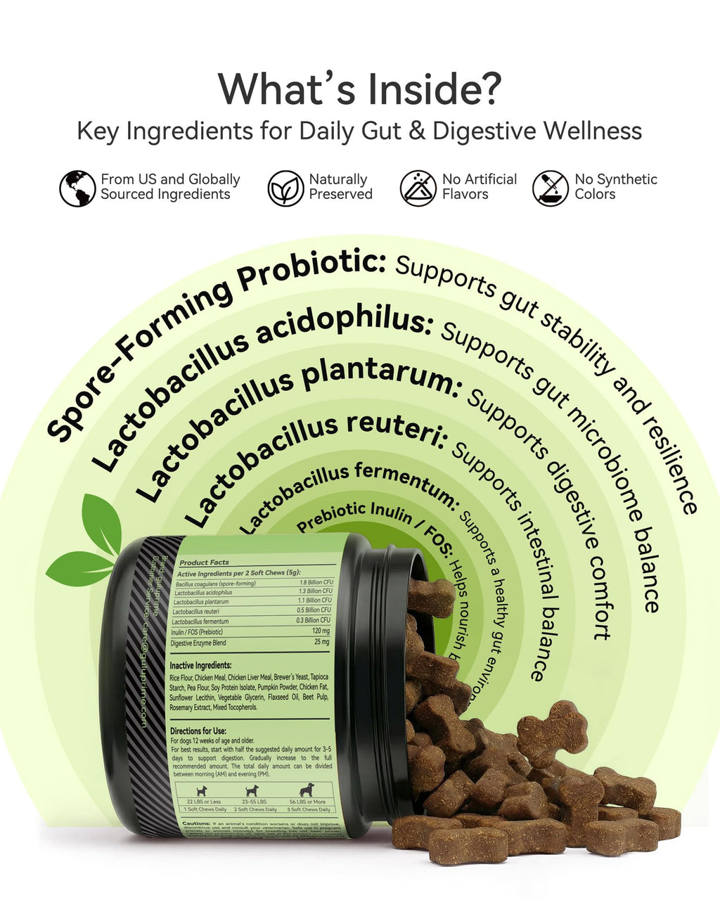 GuluPrime Probiotics for Dogs - Dog Probiotics Digestive Health Support, Dog Probiotic Chews with Spore-Forming Bacillus Coagulans, Prebiotic Inulin & Digestive Enzymes, Chicken Flavor, 120 Soft Chews