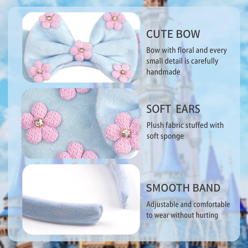zhezesmila Mouse Ears Flower & Rhinestones Headband Mouse Hair Bow Headband for Women Hair Band Accessory for Princess Costume Holiday Park Travel