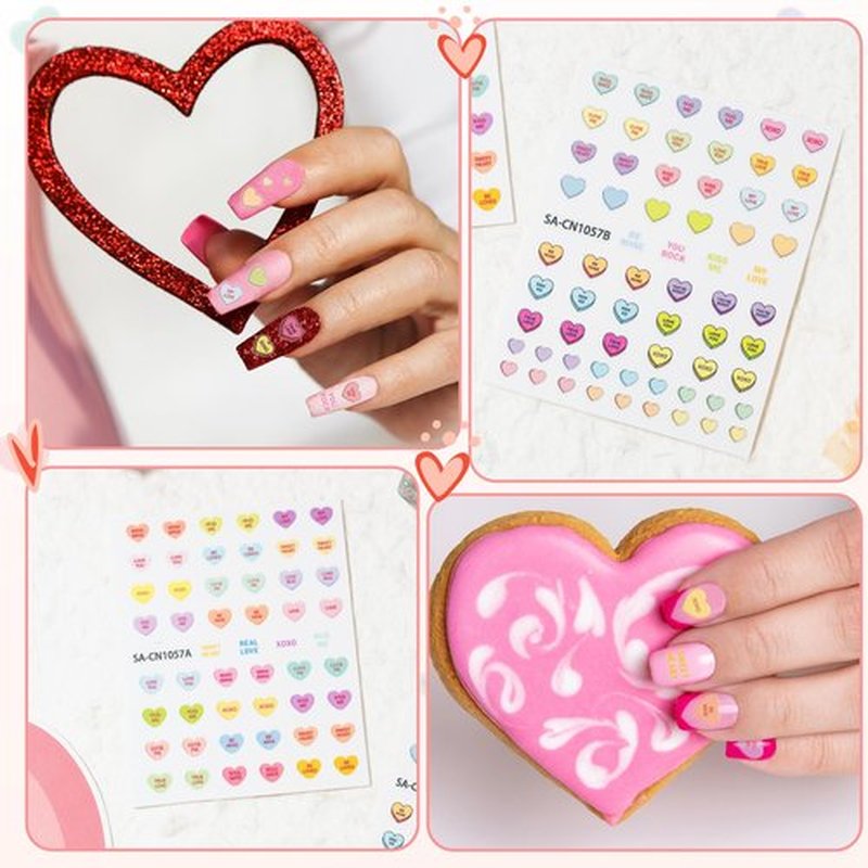 CNhoqc 8 Sheets Valentine’s Day Conversation Heart Candy Color Nail Sticker, Valentine’s Theme Colorful Nail Sticker with Sweet Words Hug Me Be Mine Cute Nail Decals for Girls DIY Manicure Supplies