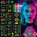 Glow in the Dark Temporary Tattoo Markers for Face Paint, 4PCS UV Neon Body Markers + 8 Sheets Temporary Tattoo Stencil for Adult, Flexible Brush Tip, Cosmetic Tattoo Pen, DIY Body Art Set