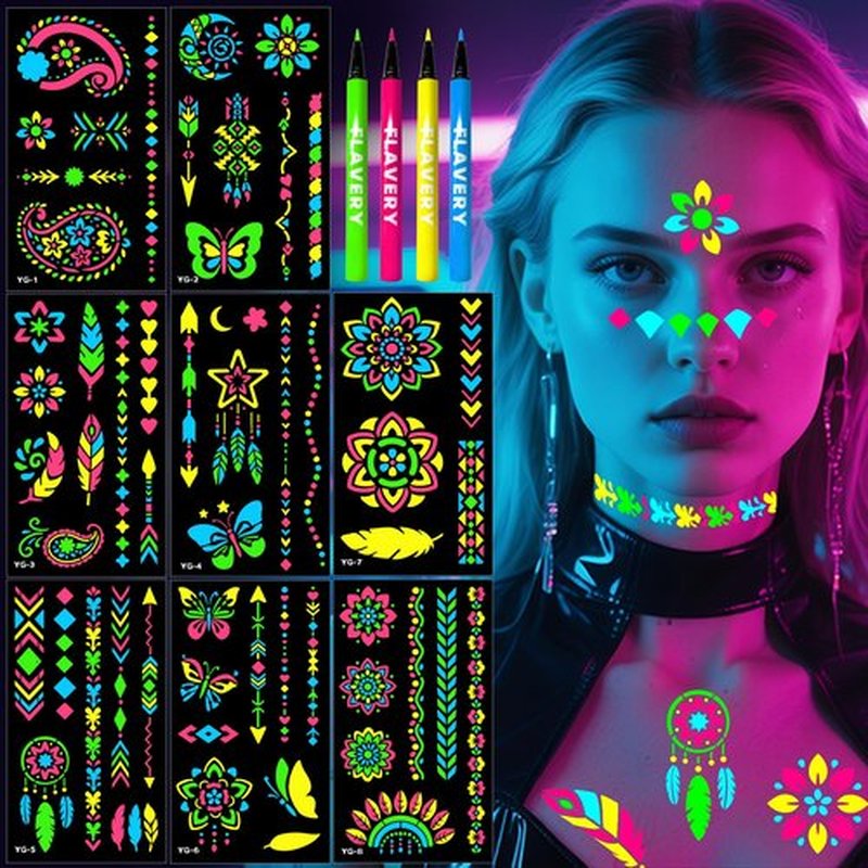 Glow in the Dark Temporary Tattoo Markers for Face Paint, 4PCS UV Neon Body Markers + 8 Sheets Temporary Tattoo Stencil for Adult, Flexible Brush Tip, Cosmetic Tattoo Pen, DIY Body Art Set