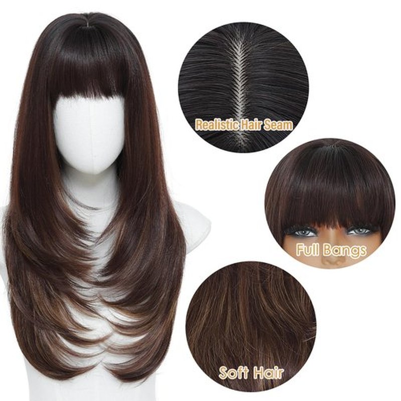 MINLEE Brown Highlights Wig with Bangs for Women Long Wavy Brown Wigs 4x4 Realistic Scalp,26 Inch Layered Brown Hair Wigs Heat Resistant Synthetic Wigs
