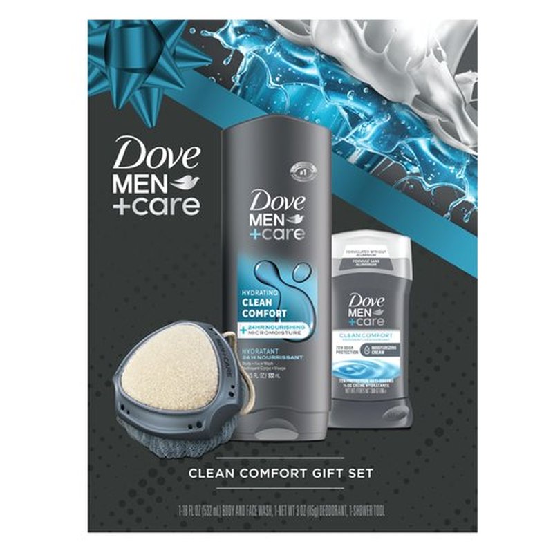 Dove Men+Care Gift Set – Clean Comfort Body + Face Wash, Clean Comfort Aluminum-Free Deodorant & Dual-Sided Shower Tool (3 Piece Set)
