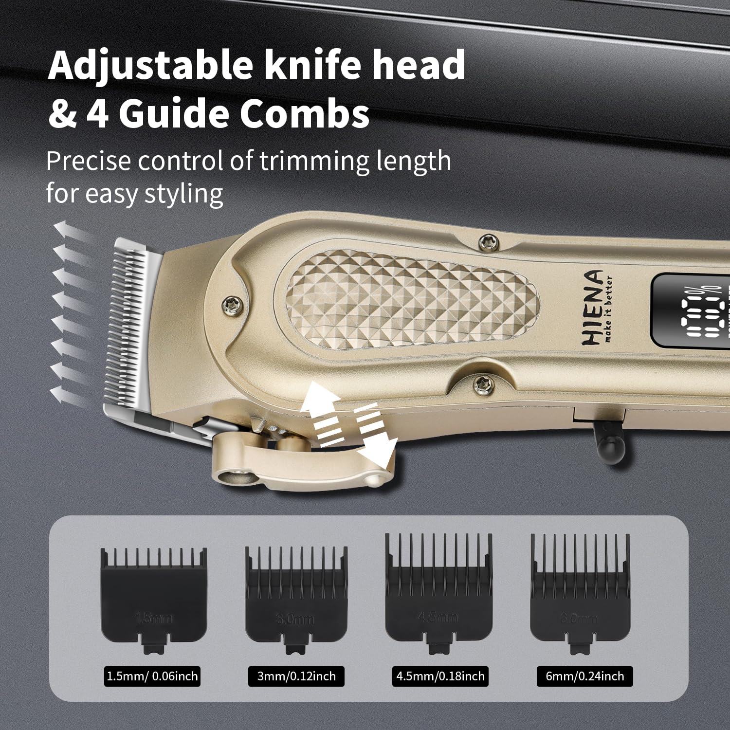 HIENA PRO Professional Hair Clipper for Men, Electric Barber Clipper & Trimmer, Cordless Rechargeable Hair Cutting Clippers, Men's Hair Cutting Tools(Black) (Gold)