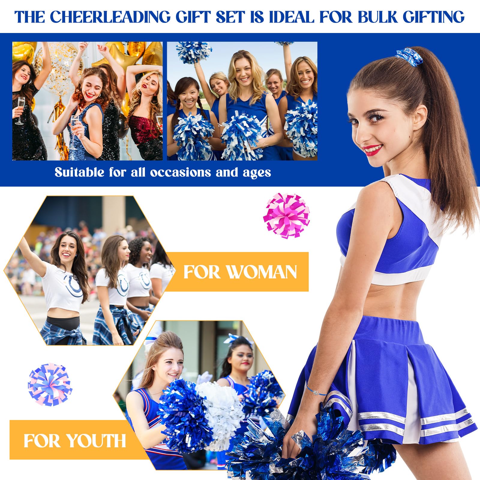 Equsion 12 Set Cheerleader Gifts Bulk Include Cheer Necklace, Cheerleading Adjustable Bracelet, Hair Ties and Organza Bag 12 each, Cheer Accessories for Team Women Teammates(Blue)
